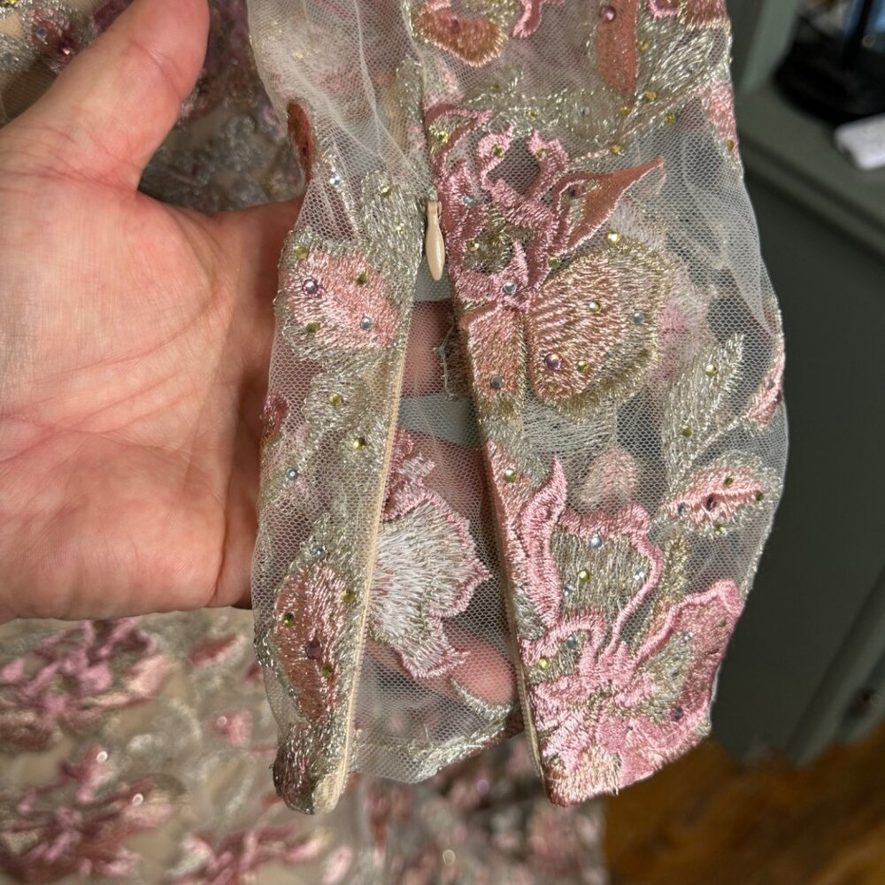 Mac Duggal Floral Embroidered Nude Rose Illusion Long Sleeve Trumpet Size 14 NEW - Picture 16 of 16